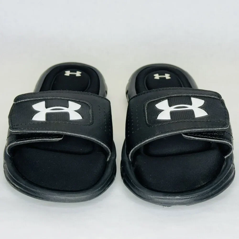 Under Armour 4D Foam Slide Sandals Black Youth Unisex Sz 1Y Adjustable Hook Loop
